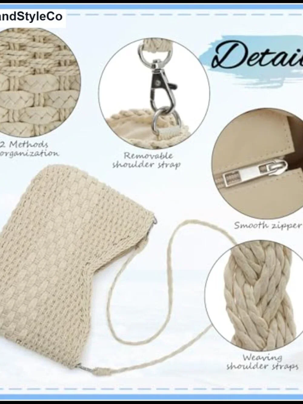 Handmade Woven Straw Shoulder Bag with Removable Strap Summer Beach Purse